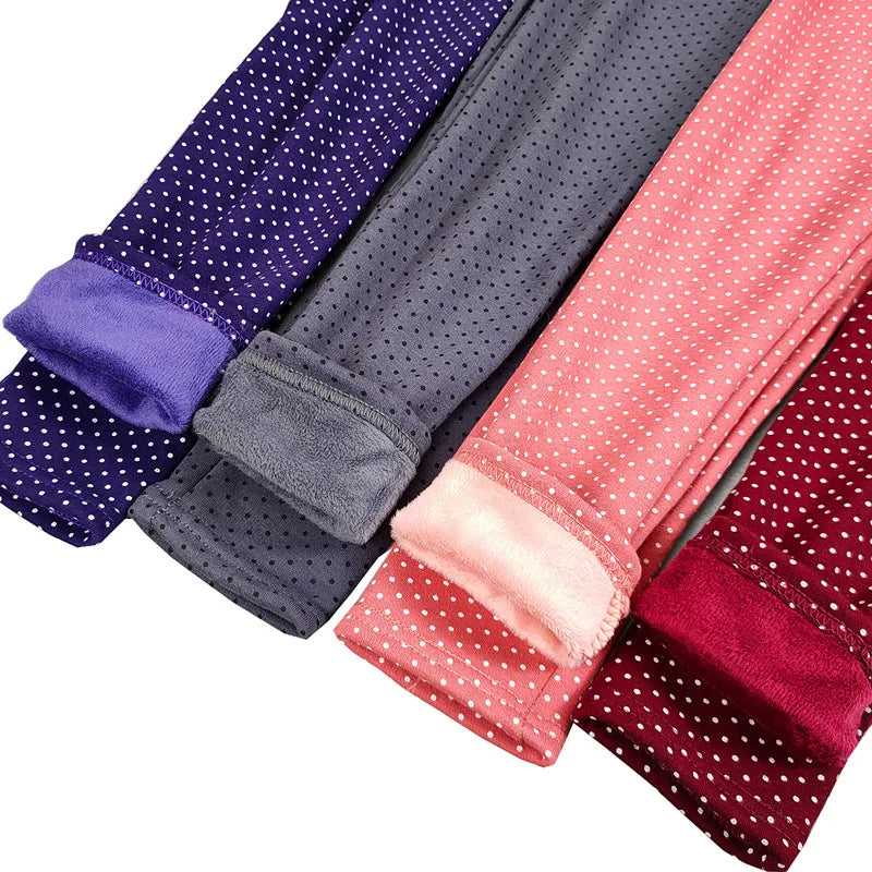 Girls’ Velvet Leggings – Warm Winter Stretch Pants with Dots, Elastic Waist
