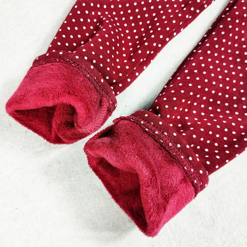 Girls’ Velvet Leggings – Warm Winter Stretch Pants with Dots, Elastic Waist