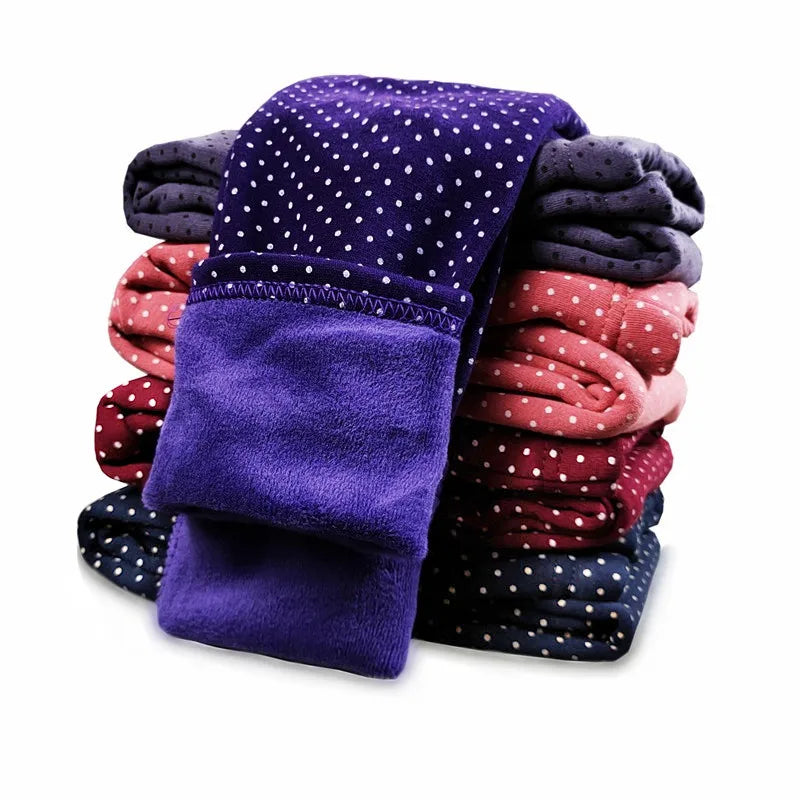 Girls’ Velvet Leggings – Warm Winter Stretch Pants with Dots, Elastic Waist