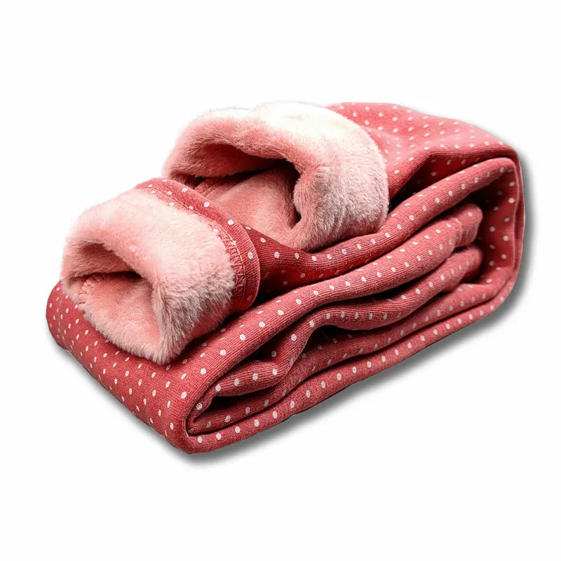 Girls’ Velvet Leggings – Warm Winter Stretch Pants with Dots, Elastic Waist