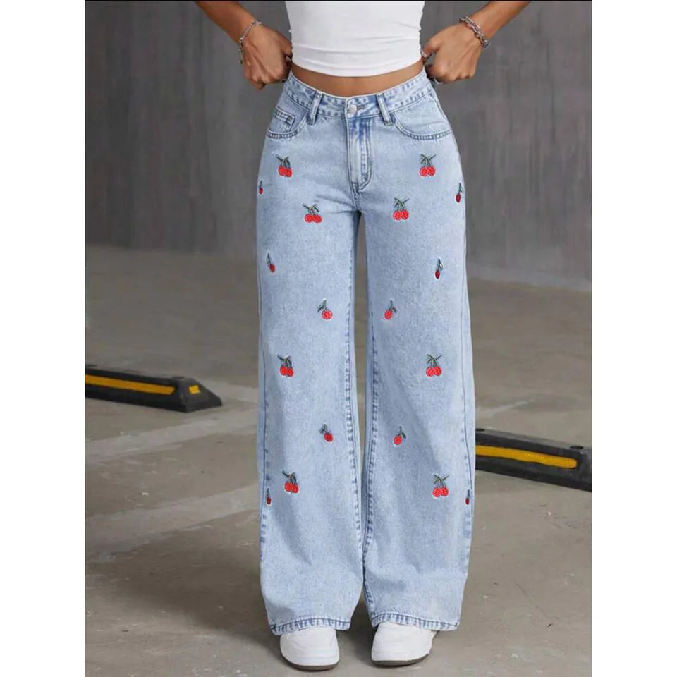Women’s Embroidered Wide-Leg Jeans – High-Waist Vintage Distressed Denim