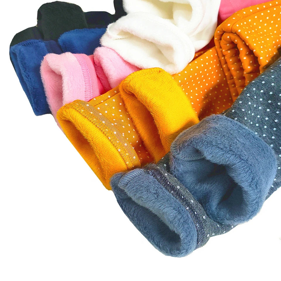 Girls’ Velvet Leggings – Warm Winter Stretch Pants with Dots, Elastic Waist