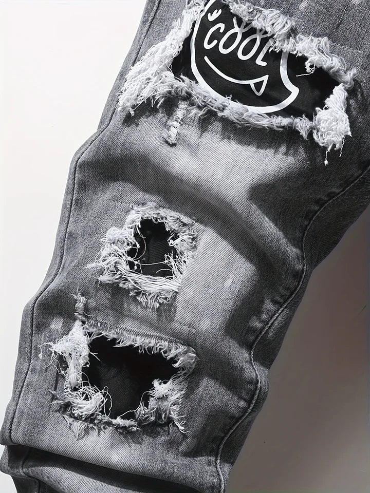 Men’s Slim Fit Ripped Jeans Tight Denim with Pockets, Straps & Zippers