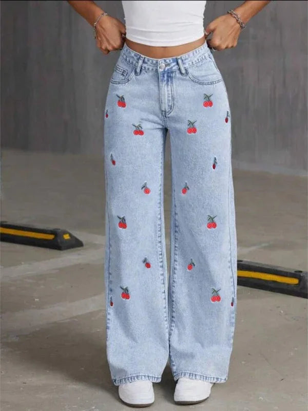 Women’s Embroidered Wide-Leg Jeans – High-Waist Vintage Distressed Denim