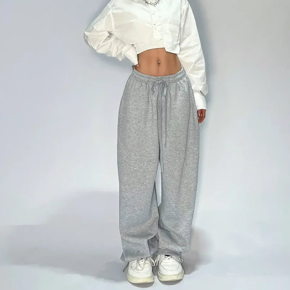Women’s Loose Grey Sweatpants Parachute Style with Stretchy Waist