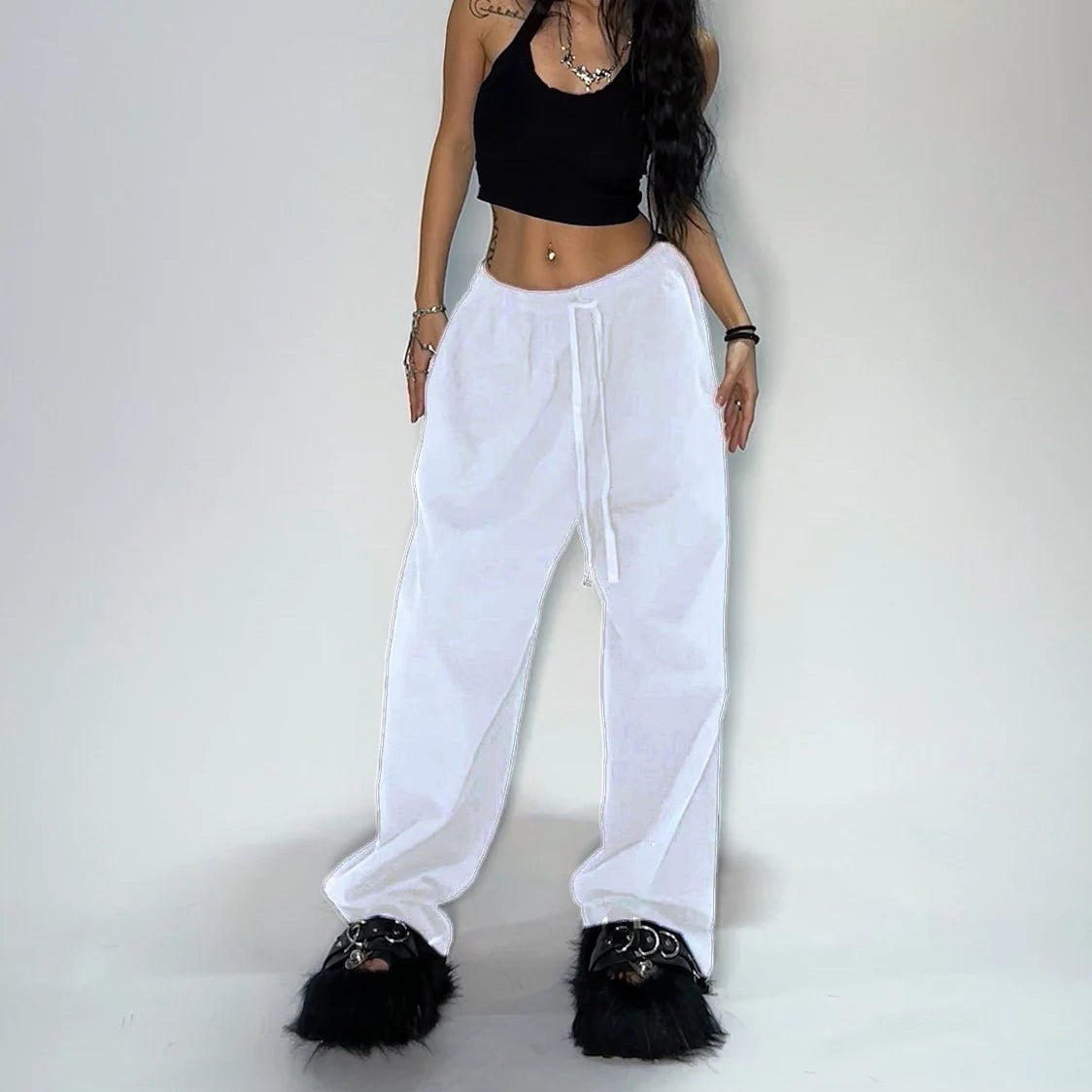 Women’s Loose Grey Sweatpants Parachute Style with Stretchy Waist