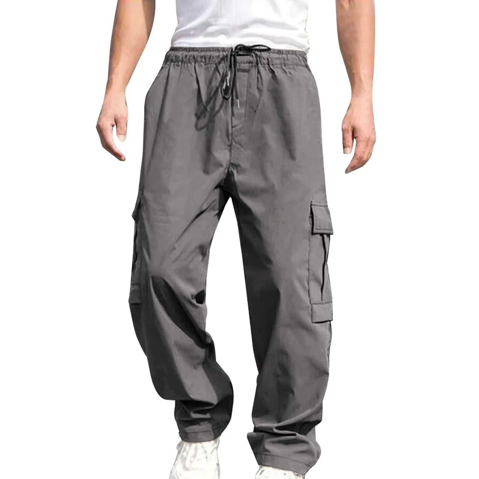 Men’s Loose Cargo Pants – Drawstring Waist Straight-Leg Work Trousers