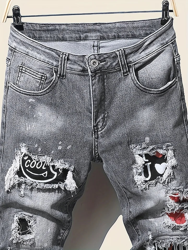 Men’s Slim Fit Ripped Jeans Tight Denim with Pockets, Straps & Zippers