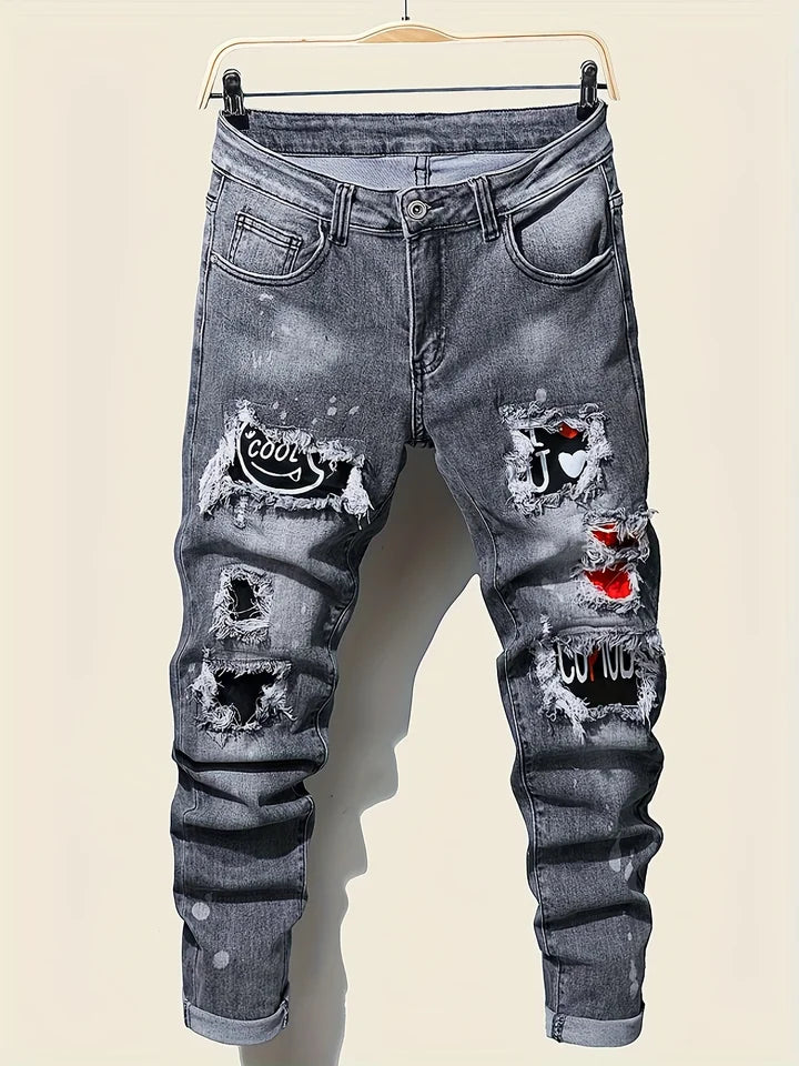 Men’s Slim Fit Ripped Jeans Tight Denim with Pockets, Straps & Zippers