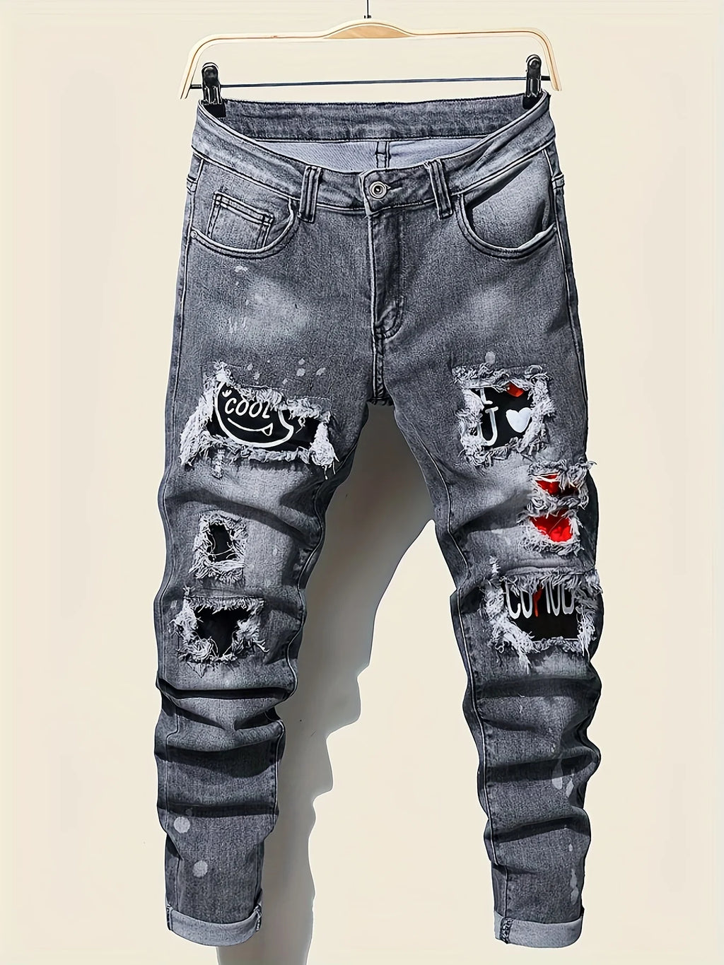Men’s Slim Fit Ripped Jeans Tight Denim with Pockets, Straps & Zippers