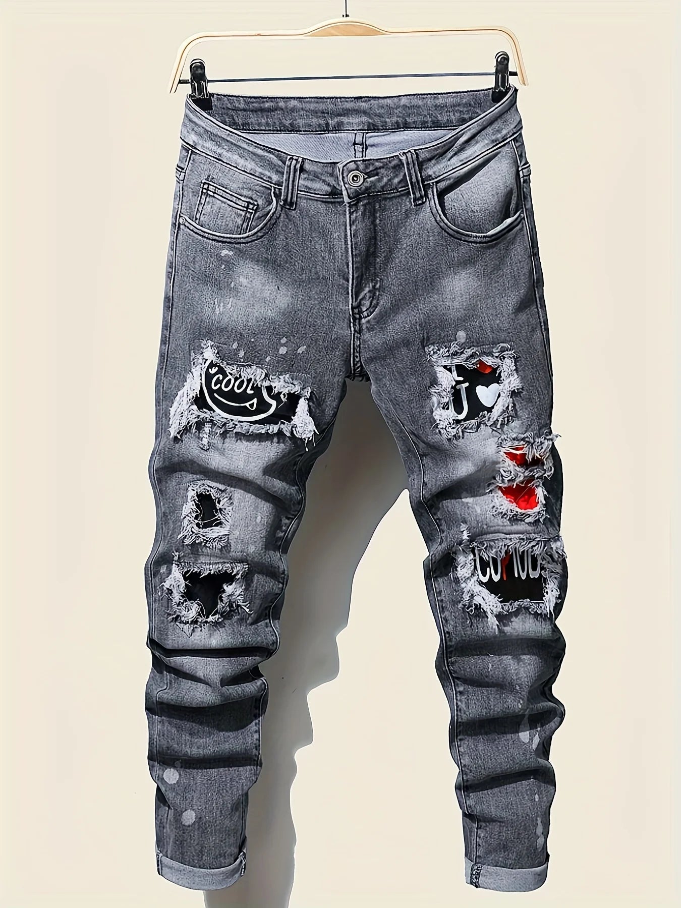 Men’s Slim Fit Ripped Jeans Tight Denim with Pockets, Straps & Zippers