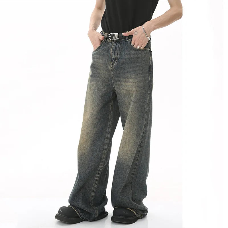 Men’s Washed Denim Pants  Loose Straight Wide-Leg Casual Jeans