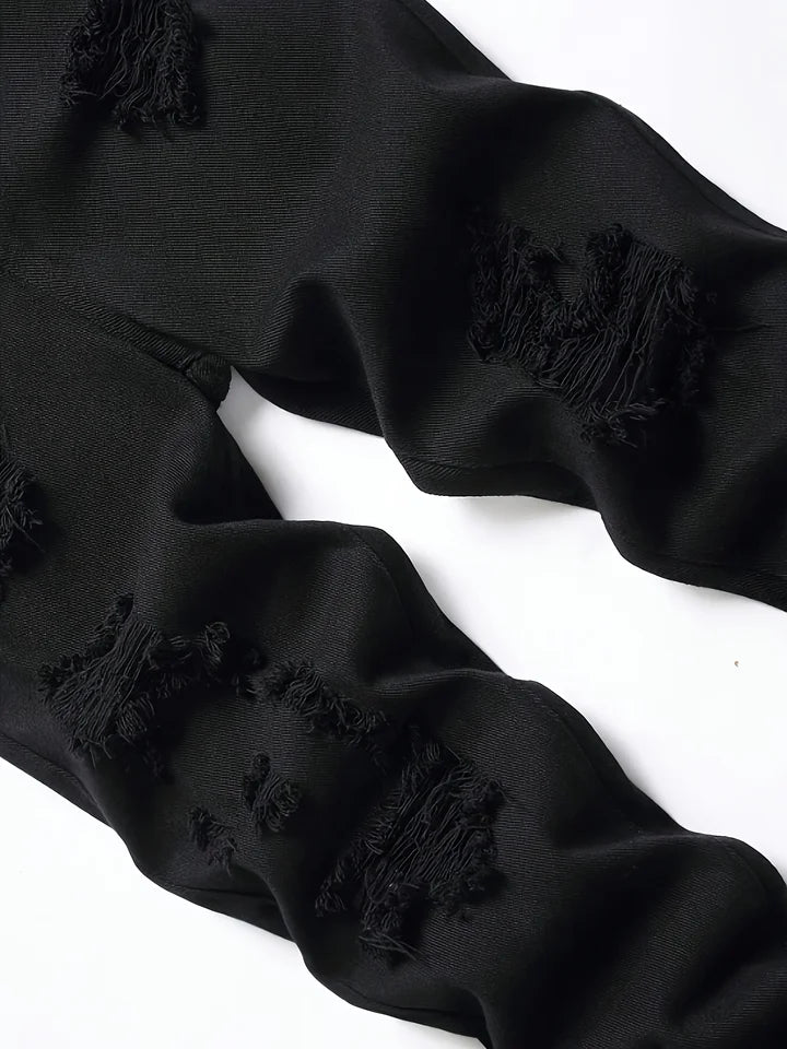 Men’s Slim Fit Black Jeans – Perforated Stretch Denim Pants