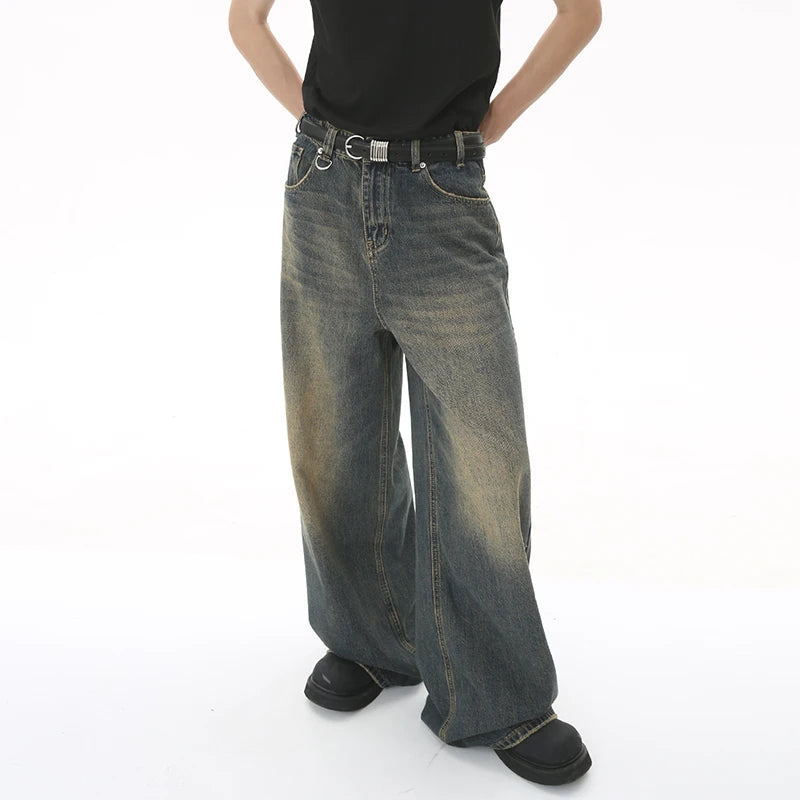 Men’s Washed Denim Pants  Loose Straight Wide-Leg Casual Jeans