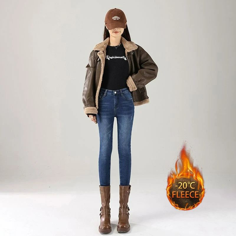 Women’s High-Waist Thermal Jeans  Fleece-Lined Stretch Skinny Pants