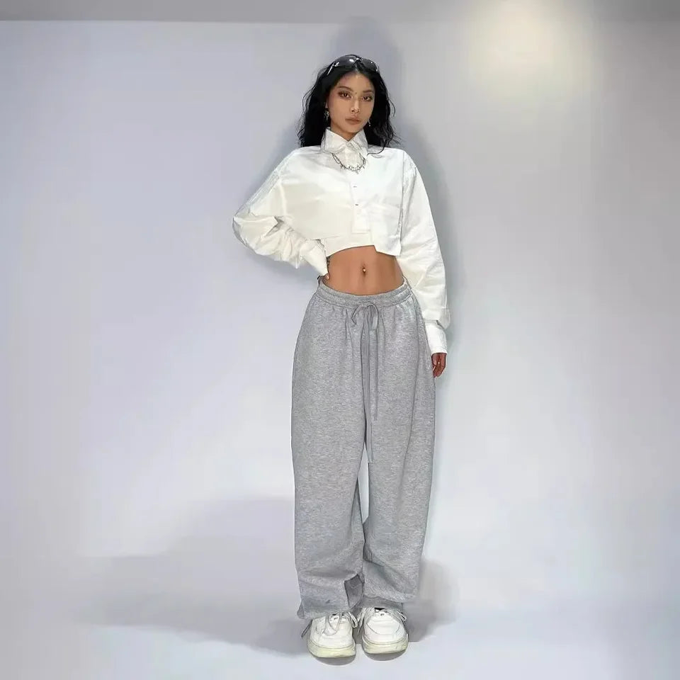Women’s Loose Grey Sweatpants Parachute Style with Stretchy Waist