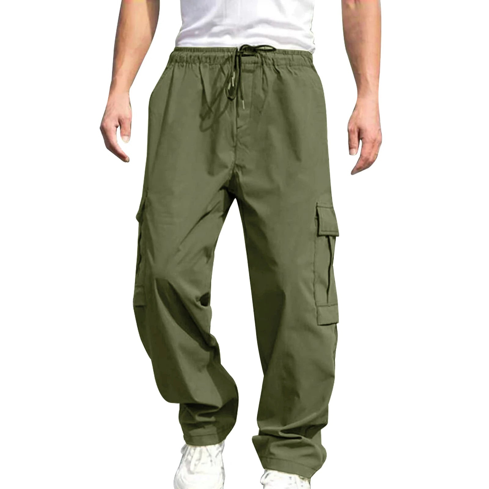 Men’s Loose Cargo Pants – Drawstring Waist Straight-Leg Work Trousers