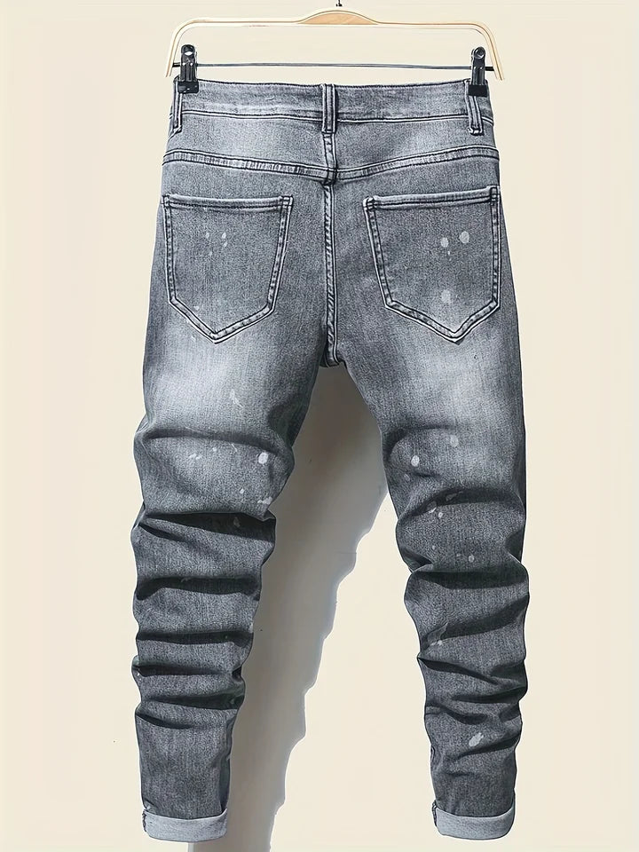 Men’s Slim Fit Ripped Jeans Tight Denim with Pockets, Straps & Zippers