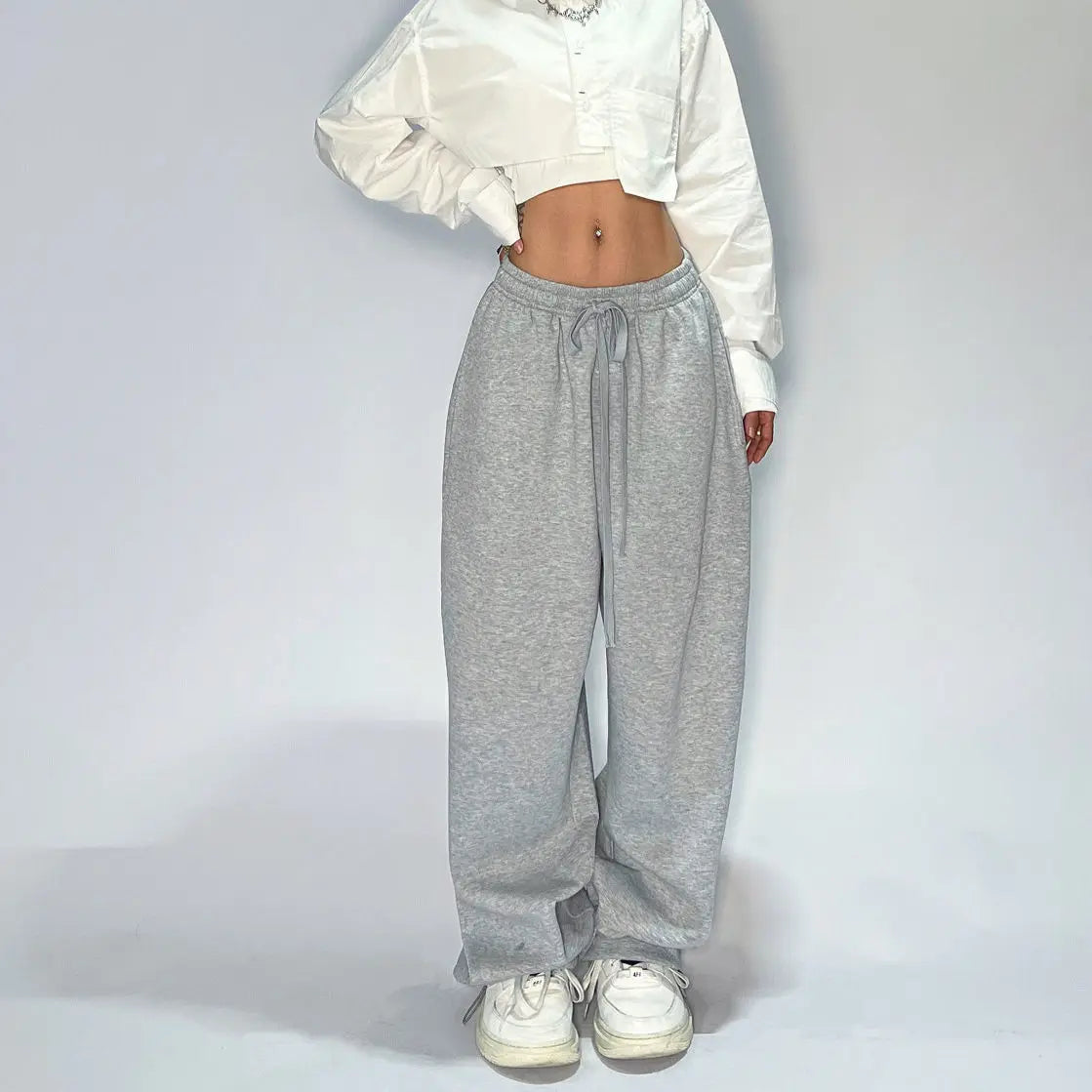 Women’s Loose Grey Sweatpants Parachute Style with Stretchy Waist