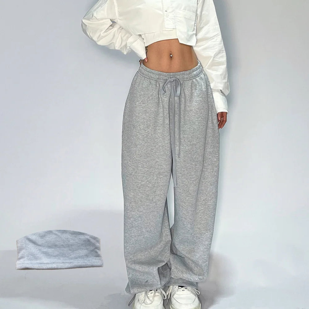 Women’s Loose Grey Sweatpants Parachute Style with Stretchy Waist