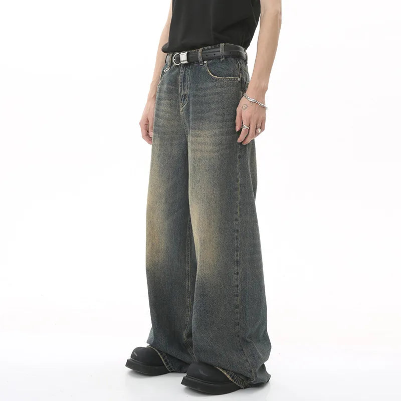 Men’s Washed Denim Pants  Loose Straight Wide-Leg Casual Jeans