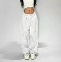 Women’s Loose Grey Sweatpants Parachute Style with Stretchy Waist
