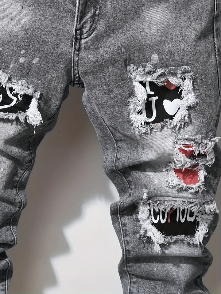 Men’s Slim Fit Ripped Jeans Tight Denim with Pockets, Straps & Zippers