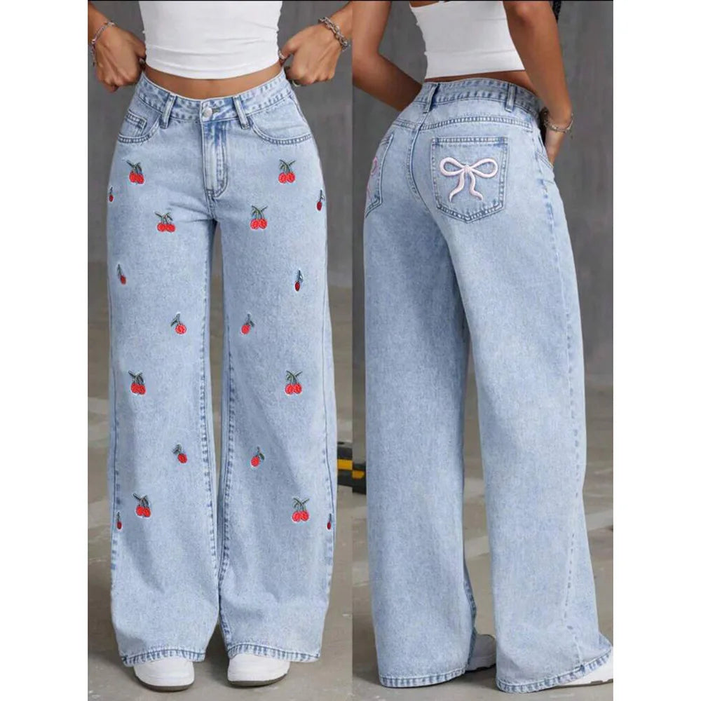 Women’s Embroidered Wide-Leg Jeans – High-Waist Vintage Distressed Denim
