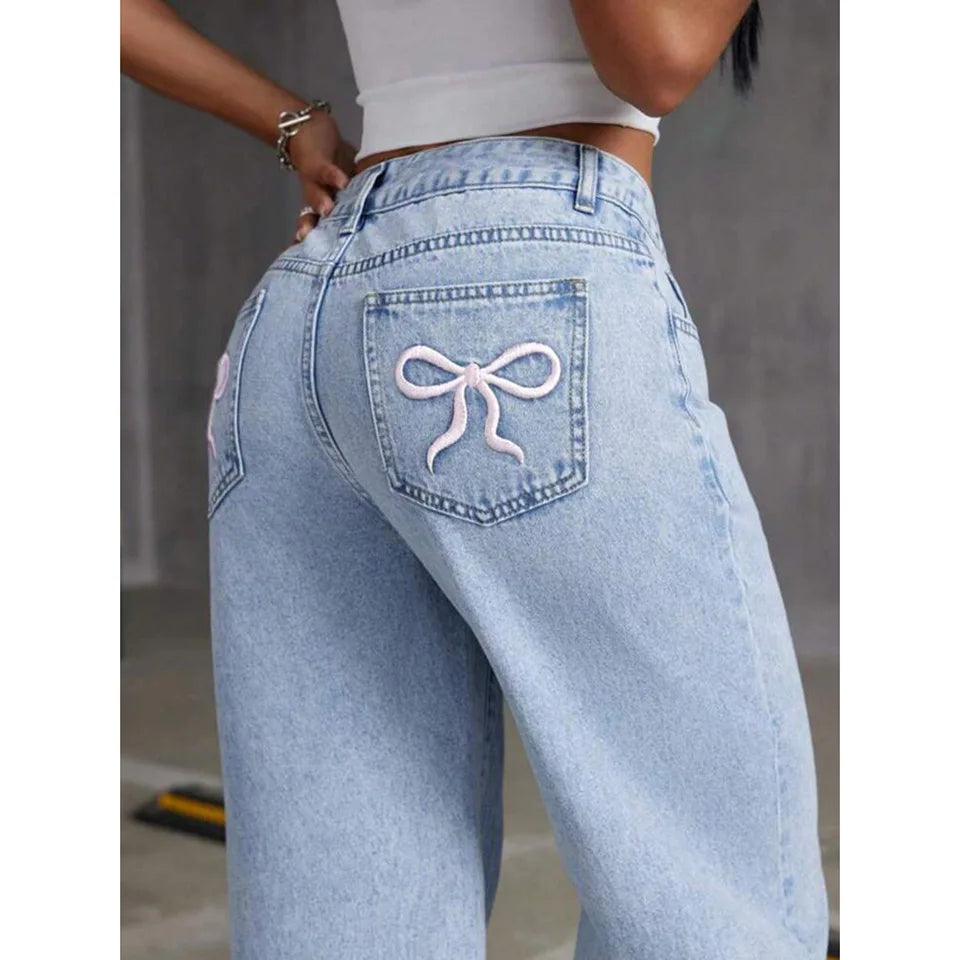 Women’s Embroidered Wide-Leg Jeans – High-Waist Vintage Distressed Denim
