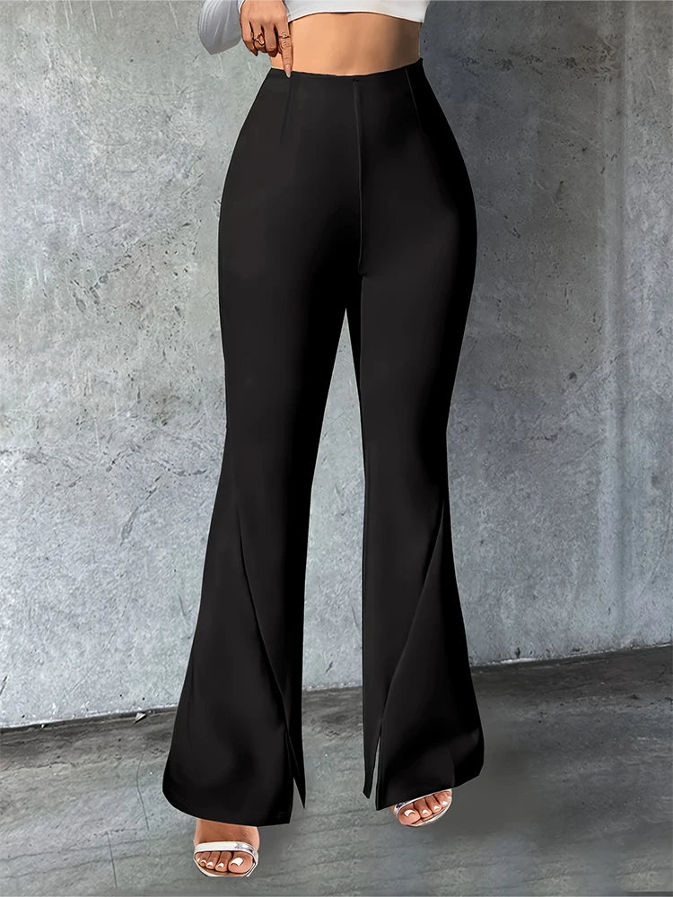 Women’s Plus-Size Flared Pants – High-Waist Slit Yoga Pants 80s Style