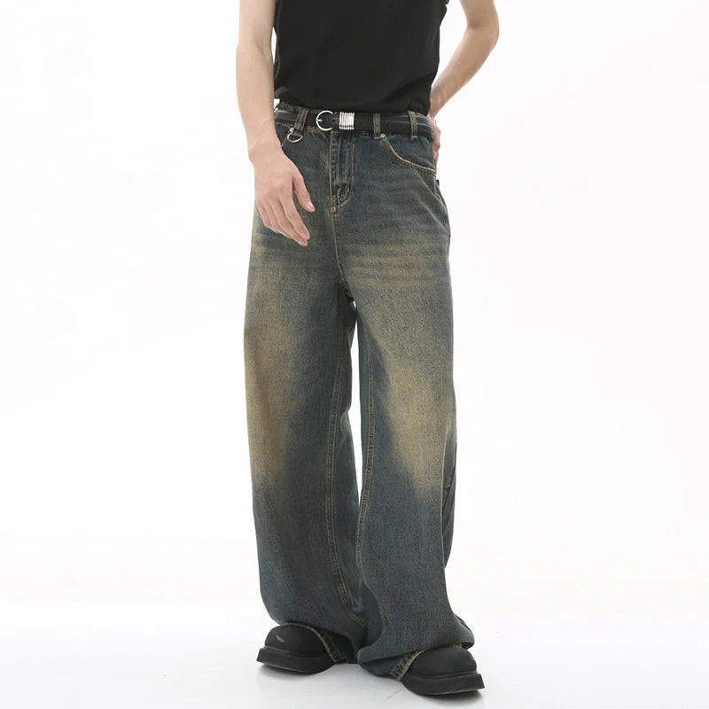 Men’s Washed Denim Pants  Loose Straight Wide-Leg Casual Jeans