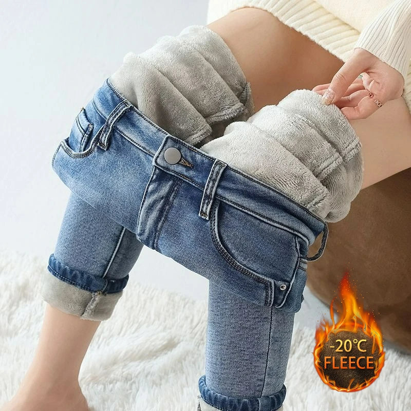 Women’s High-Waist Thermal Jeans  Fleece-Lined Stretch Skinny Pants