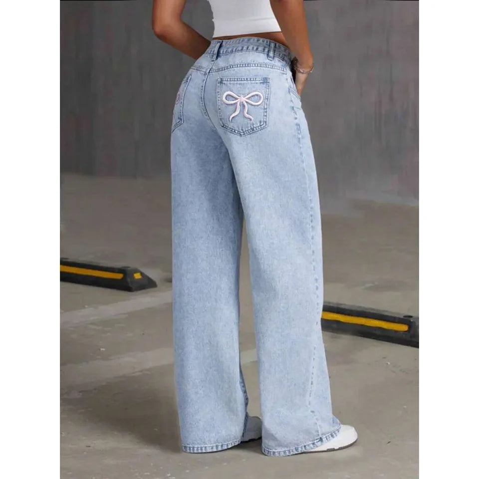 Women’s Embroidered Wide-Leg Jeans – High-Waist Vintage Distressed Denim