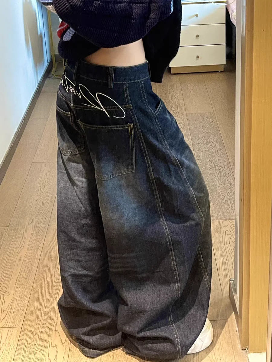 Women’s Loose Baggy Jeans Vintage Blue Wide-Leg Y2K Cargo Pants